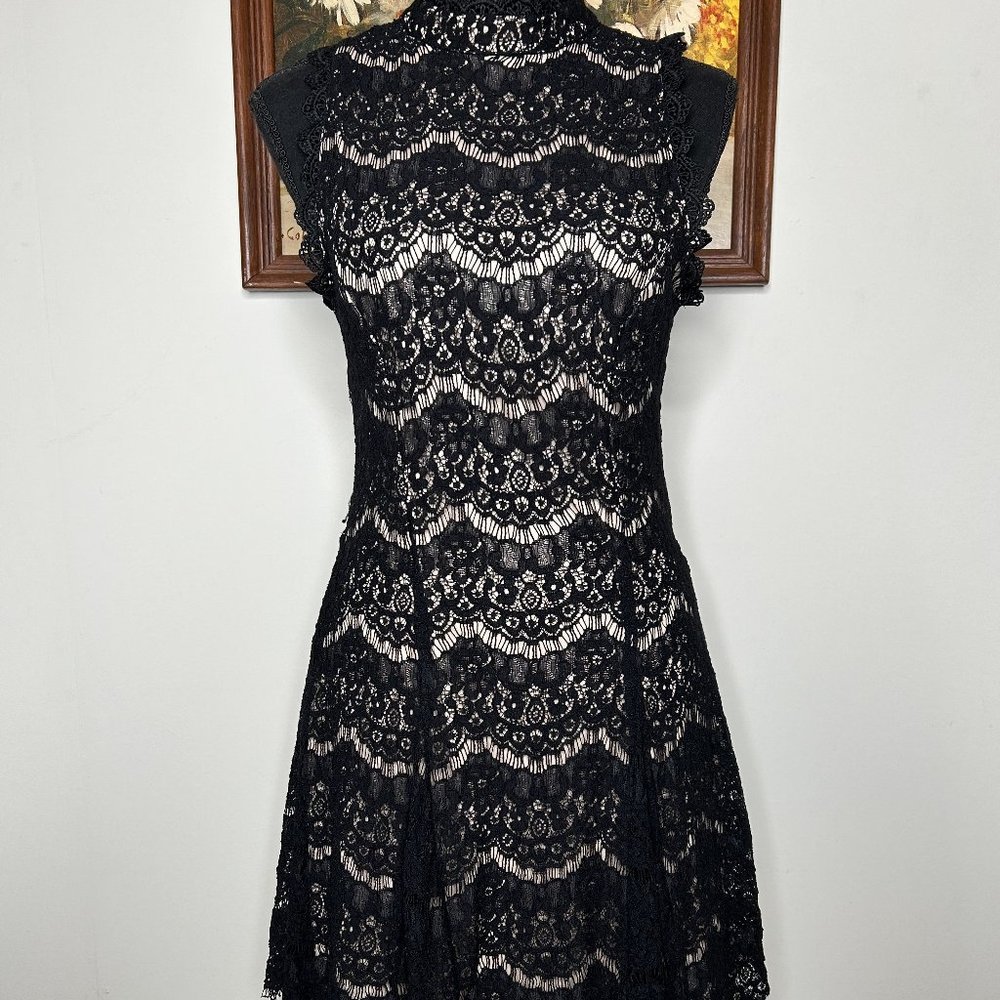 Francesca's Lace Fit & Flare Dress Women's Medium High-Neck Knee-Length Black